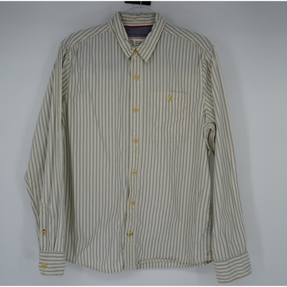 Fat Face Mens Large Cream Blue Striped Long Sleeve Cotton Button Down Shirt